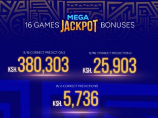 Sportpesa Mega Jackpot bonuses for 13,14,15,16 and 17 Pro yesterday