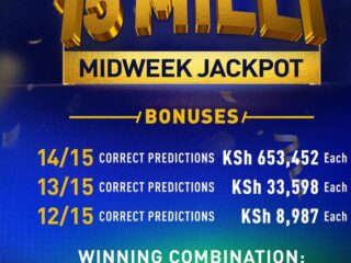 15M Betika Midweek jackpot bonuses for 12,13,14 correct games this week